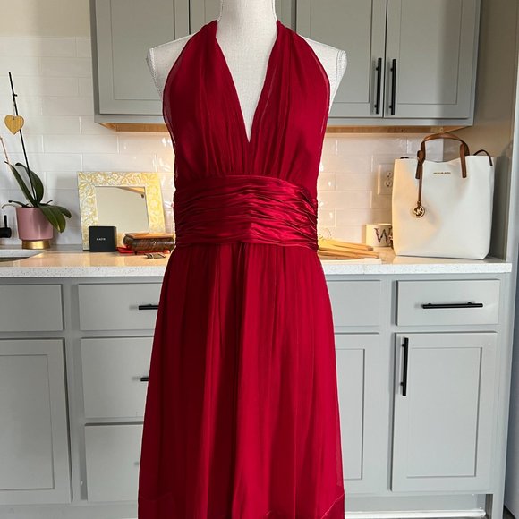 Maggy London Stunning Halter Style Midi Red Dress with Cummerbund Waist 10P - Picture 2 of 13